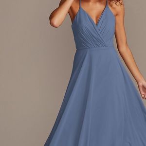 David’s Bridal Spaghetti Strap Full Skirt Bridesmaid Dress Steel Blue Sz 10